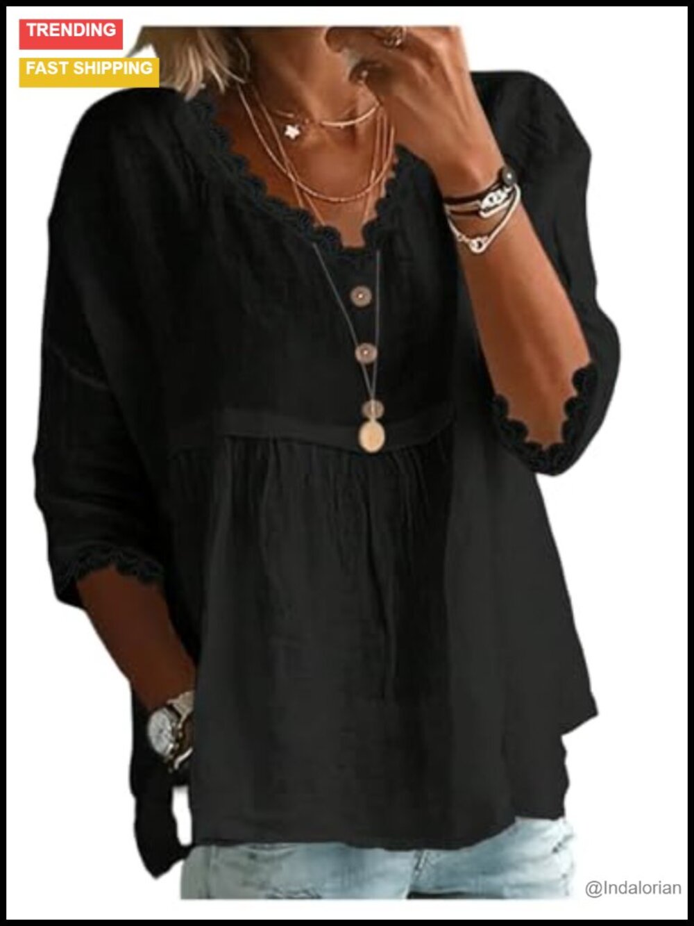 Women's Lace Flowy Peplum Babydoll Blouse 3/4 Sleeve Tunic Top